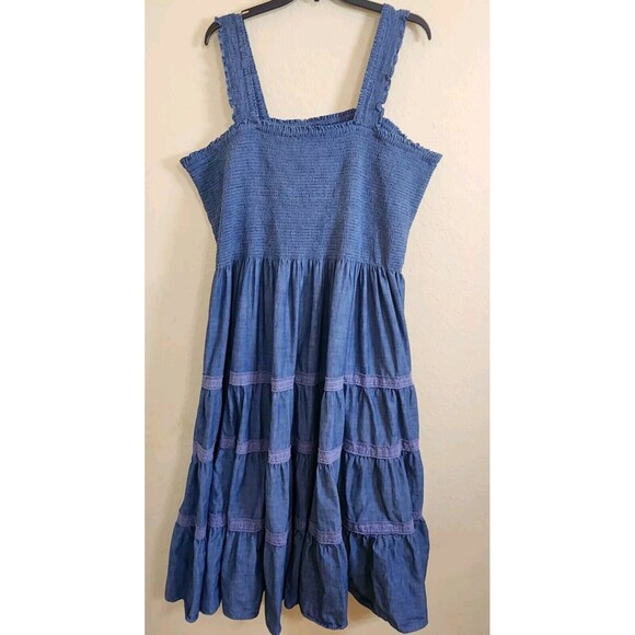 Lands End  Tiered Tank Maxi Smocked Square Neck Prarie Boho Chambray Dobby  3XL - Picture 11 of 11